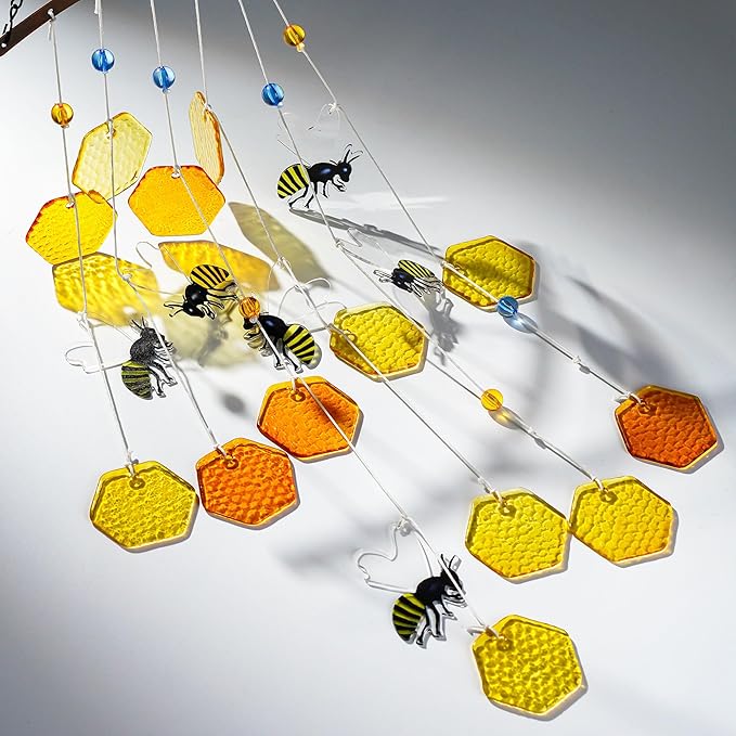 YU FENG 20" Bee Wind Chime for Outside Honeycomb Bees Decorative Hanging Suncatcher for Garden Patio Yard Ornament for Christmas Tree