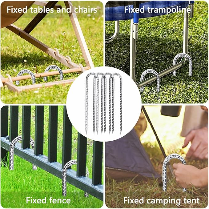 Rebar-Stakes-12-Inch-Galvanized, U Hook Trampoline Stakes 6 Pack Ground Anchors Tent Stakes Heavy Duty for Plants Anti-Rust Landscape Fabric Stakes Artificial Turf