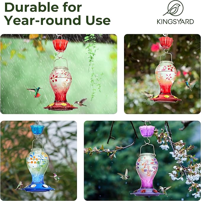 Kingsyard Glass Hummingbird Feeder for Outdoors Hanging - 26 oz Leak Proof Nectar Feeder with 6 Feeding Ports & Ant Moat for Garden Backyard Decor, Purple