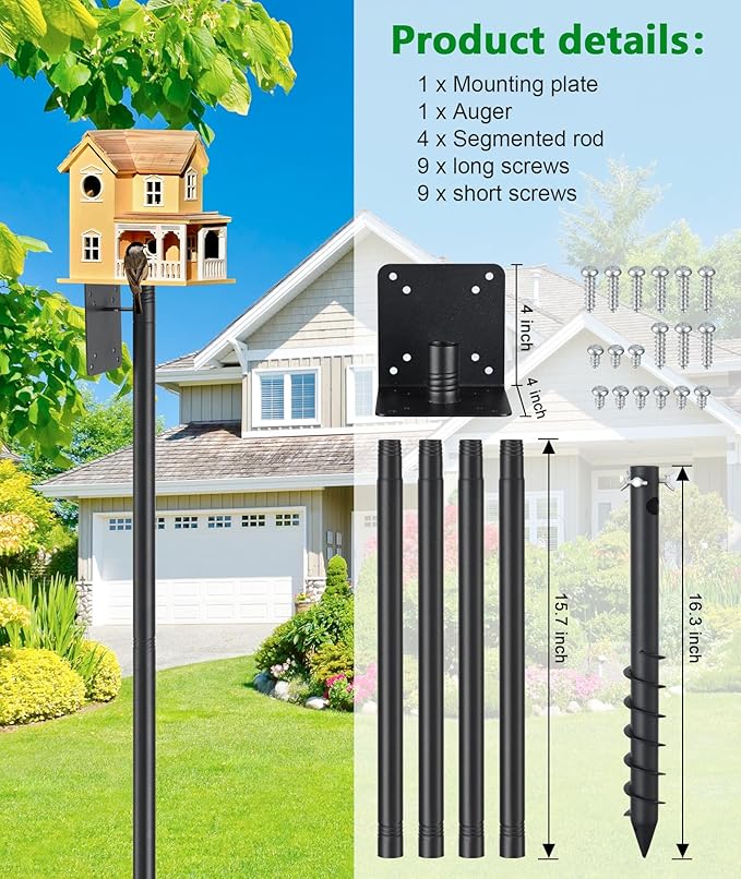 Heavy Duty Bird Feeder Pole - 60 Inch Adjustable Bird House Pole with Auger Base for Easy Install, 1 inch Diameter Metal Outdoor Mount Kit for Bluebird Houses, Hummingbird Feeders & Wildlife Watching