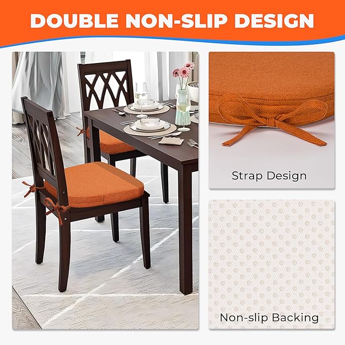Chair Cushions for Dining Chairs, D-Shaped Seat Cushions with Removable Washable Cover and Ties, Chair Pads for Kitchen, Indoor Dining Room, Patio Chairs, 17'' x 16'', Set of 4, Orange