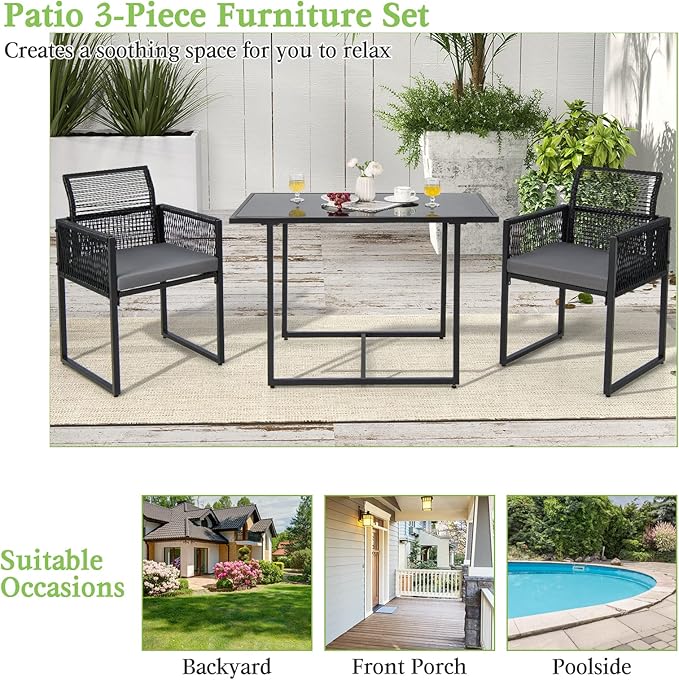 Tangkula 3 Pieces Outdoor Dining Set, Patio PE Rattan Furniture Set with Folding Backrest, Cozy Seat Cushions, Tempered Glass Tabletop, Space-Saving Rattan Chair Table Set for Backyard, Poolside