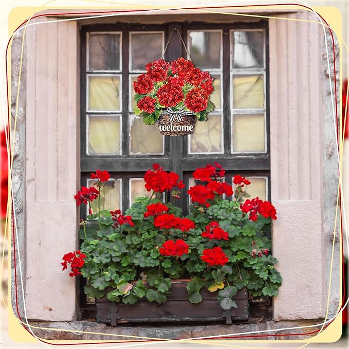 Yookeer Summer Red Geranium Door Sign Welcome Summer Geranium Flower Sign Wood Wall Decor Rustic Hanging Doors Signs Farmhouse Wooden Hanging Plaque for Home Front Door Garden Porch Patio