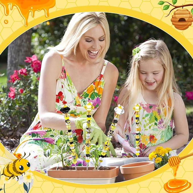 118 Pcs Bee Garden Stakes Fairy Wand DIY Beaded Stakes Garden Decor Includes 4 Crystal Stopper Top 10 Bee Pendant 68 Large Hole Beads 4 Threaded Rods 4 Pcs Nuts, for Craft Supply