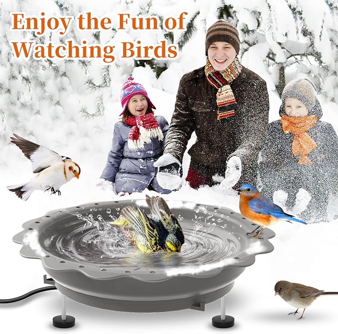 Heated Bird Bath for Outside Winter, Powerful 100W Thermostat Control Heated Bird Baths for Outdoors with 3 Metal Extension Screws, Heated Birdbath Water Heater for Garden Yard Patio Lawn(Grey)