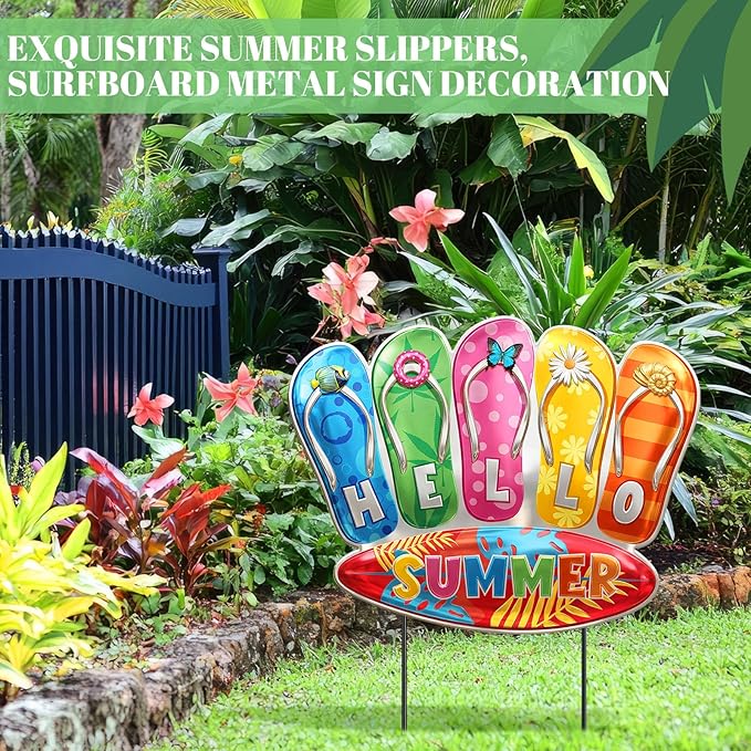 1 Pcs Summer Yard Sign Metal Outdoor Yard Decoration with Stakes Waterproof Garden Lawn Stake Sign Decoration for Patio Lawn Walkway Courtyard Party Decor