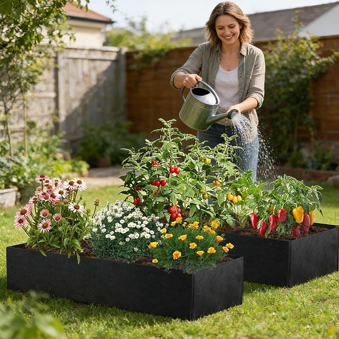 2Pack 4x2x1ft Fabric Raised Garden Bed Garden Growing Bags for Planting Garden Planting Containers with 3 Grids for Growing Herbs Flowers and Vegetables,57 Gallon