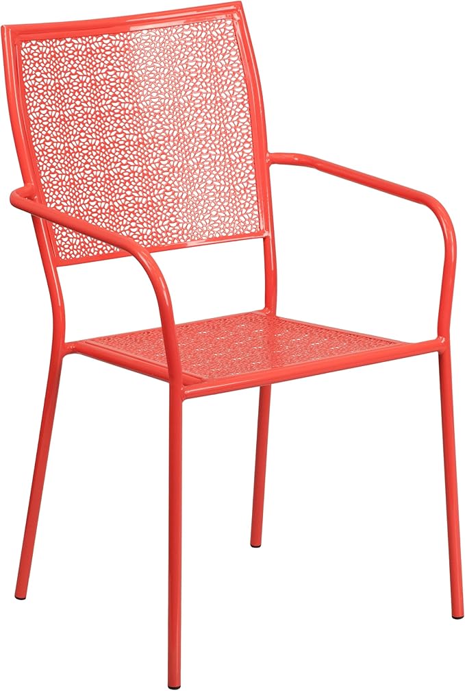 Flash Furniture Commercial Grade 35.25" Round Coral Indoor-Outdoor Steel Patio Table Set with 2 Square Back Chairs