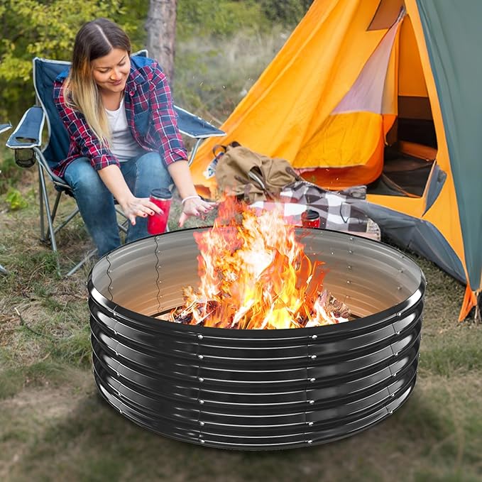 48 Inch Large Outdoor Fire Pit Ring,17" Taller, Heavy Duty High Heat Resistant Wood Burning Firepit for Outside,Galvanized Steel Outdoor Fireplace & Fire Pits Bowl for Backyard Bonfire, Patio,Camping