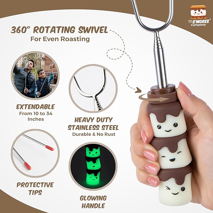 THE S'MORES COMPANY - Glow in the Dark Marshmallow Roasting Sticks - Set of 2 Rotating Smores Sticks - Telescoping Extra Long Marshmallow Sticks for Fire Pit, Campfire & Bonfire - Camping Accessories