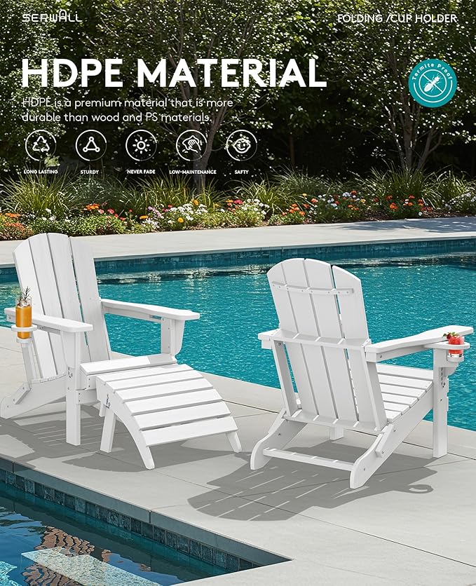 SERWALL Folding Adirondack Chair, Dual Cup Holders & All-Weather HDPE, Wood-Like Patio Chair for Backyard, Camping,Pool & Fire Pit- White