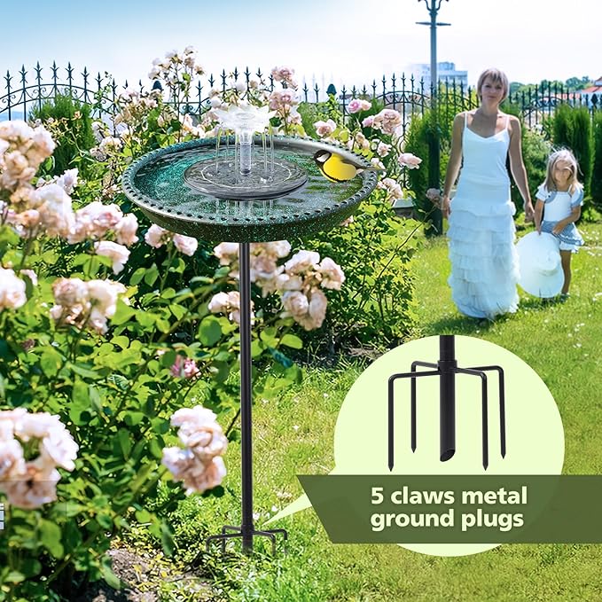 Bird Bath with Solar Powered Fountains for Hummingbirds,Stable Stylish Design with 5-Prong Base Stake Plastic Bird Bath for Outside Patio Yard Garden(Gift)