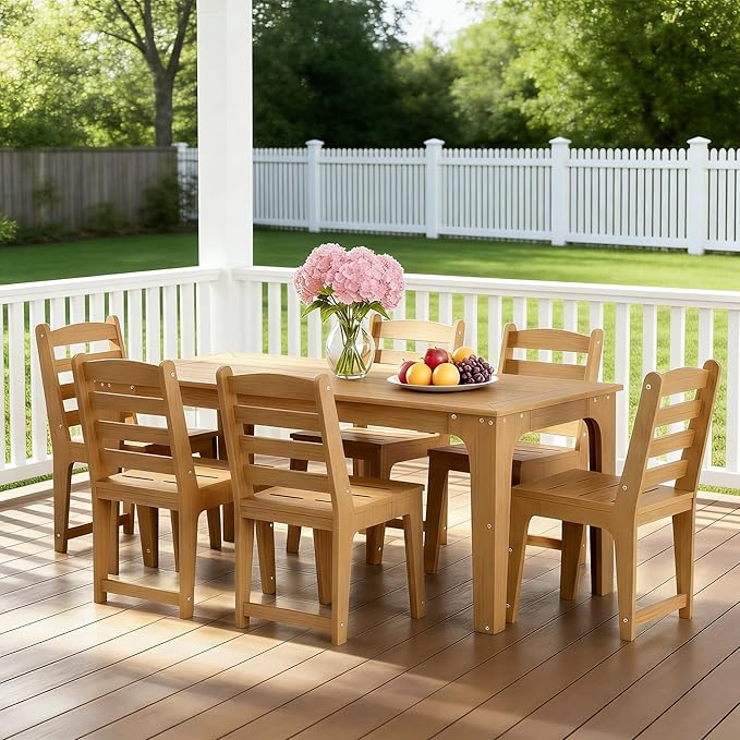 7-Piece HDPE Patio Dining Set, Weather-Resistant Outdoor Table with 2/1.5-Inch Umbrella Hole, Never Sagging One-Piece Tabletop with Metal Support Bars for Poolside Backyard Garden (Teak Color)