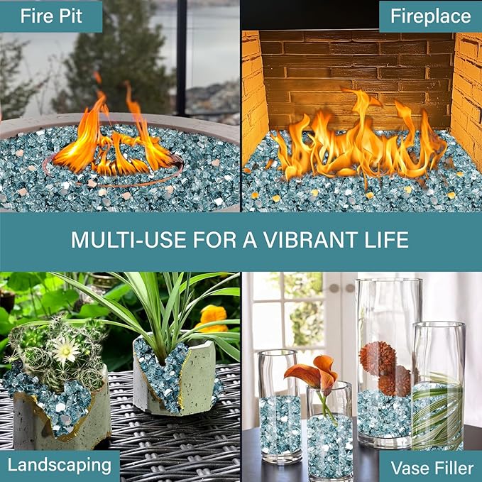 NUPICK 10 Pound Fire Glass, 1/4 Inch Reflective Fire Pit Glass, Tempered Firepit Glass Rock for Propane or Natural Gas, Glass Rocks for Fire Pit Table, Fireplace Glass for Landscaping, Aqua Blue