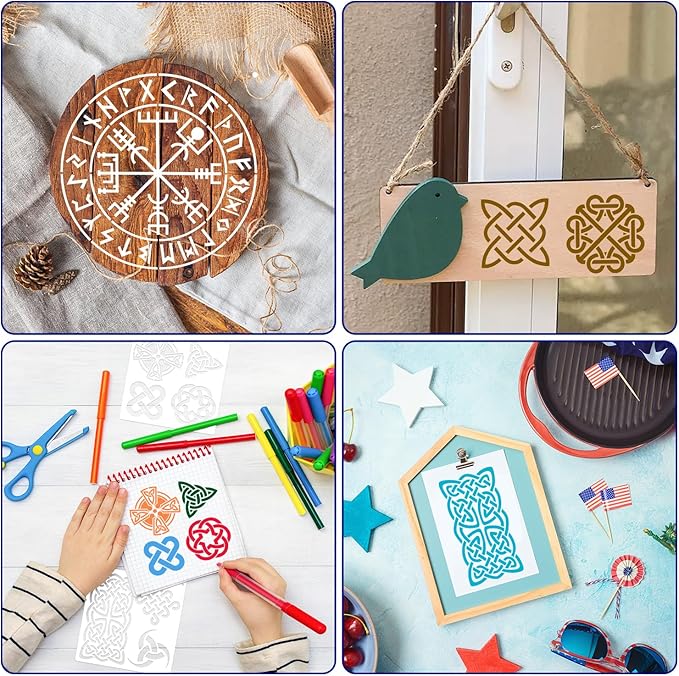 9 PCS Runes Stencils for Painting on Wood Stones, Reusable Celtic Border Ancient Viking Symbol Template for Crafts Canvas Furniture Wall Floor Drawing Card Making Pattern Decorative 7.9 x 7.9 Inch