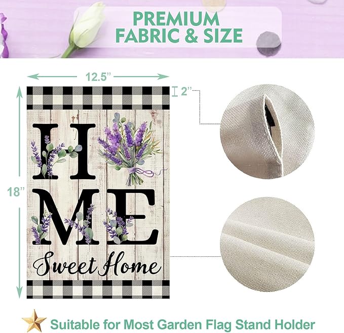 ORTIGIA Spring Summer Garden Flag 12.5 x 18 Inch Double Sided Burlap Home Sweet Home Purple Lavender Floral Flower Small Yard Flag Holiday Outdoor Outside Wedding Anniversary Decoration