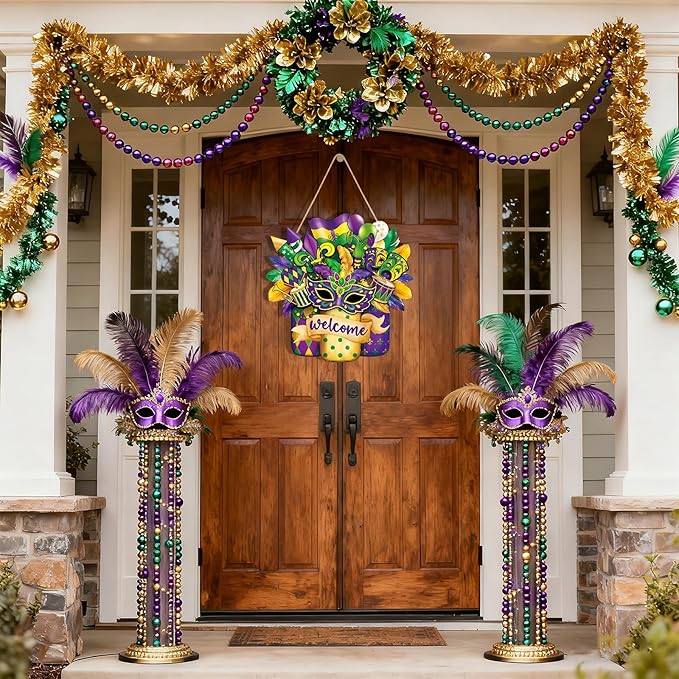 Wooden Mardi Gras Wreath for Front Door Sign Mason Jar Carnival Welcome Door Decoration, New Orleans Hanging Crafts for Wall Home Farmhouse Outdoor Indoor Holiday Party Decor Masquerade Hanger