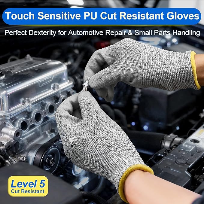 Dowellife Level 5 Cut Resistant Work Gloves for Men and Women, PU Coated Breathable Gardening Gloves, Thin Flexible and Firm Grip for Mechanics and Fishing (Medium, Grey)