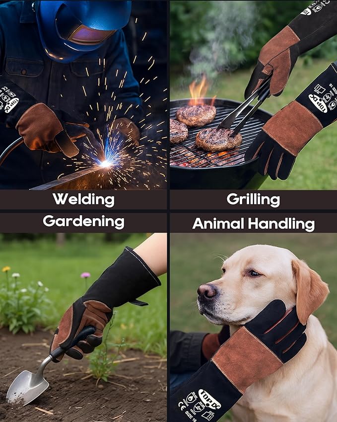 TOPDC Fire Resistant Reinforced Leather Fireproof Gloves with Kevlar Stitching for Mig, Tig, Stick, Forge, BBQ, Grill, Oven, Fireplace, Furnace, Animal Handling, X-LARGE