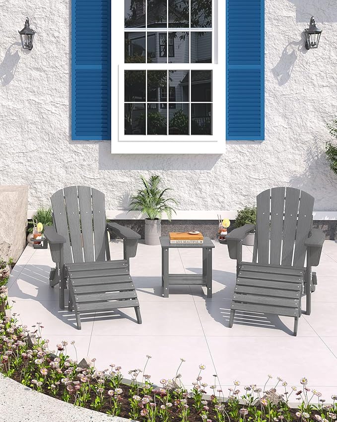 Folding Adirondack Chair Set of 5, All-Weather HDPE Outdoor Chair, Wooden Textured with Cup Holder for patios, Decks, Gardens, fire pits, Grey
