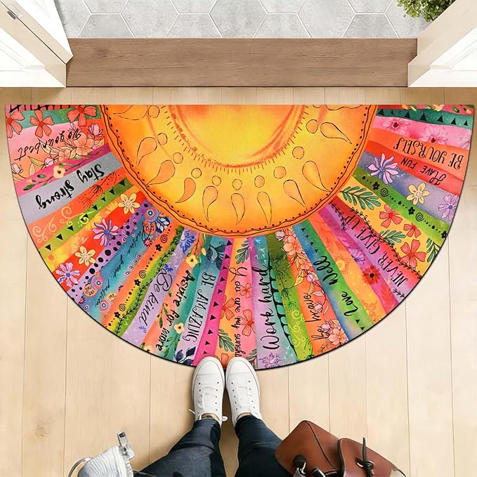 Likiyol Sun Door Mat Outside Entrance, Inspirational Quotes Welcome Mat Half Circle Front Door Mats, Colorful Floral Non Slip Boho Doormat Outdoor Indoor Entrance, Low Profile, Absorbent, 24" x 36"