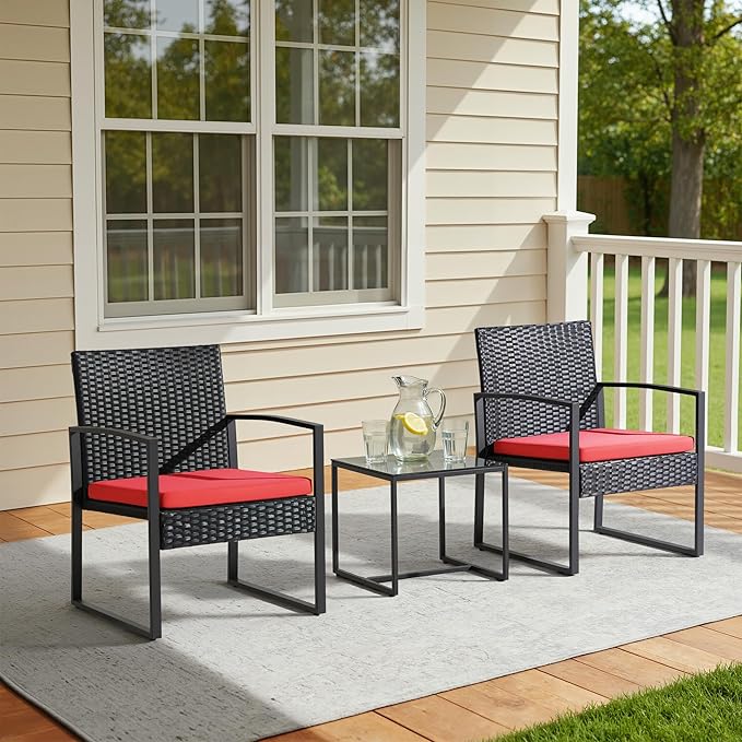 Greesum 3 Piece Wicker Conversation Bistro Sets Outdoor Patio Set Modern Rattan Chair Furniture Sets with Coffee Table for Yard Garden Porch Lawn (Red)