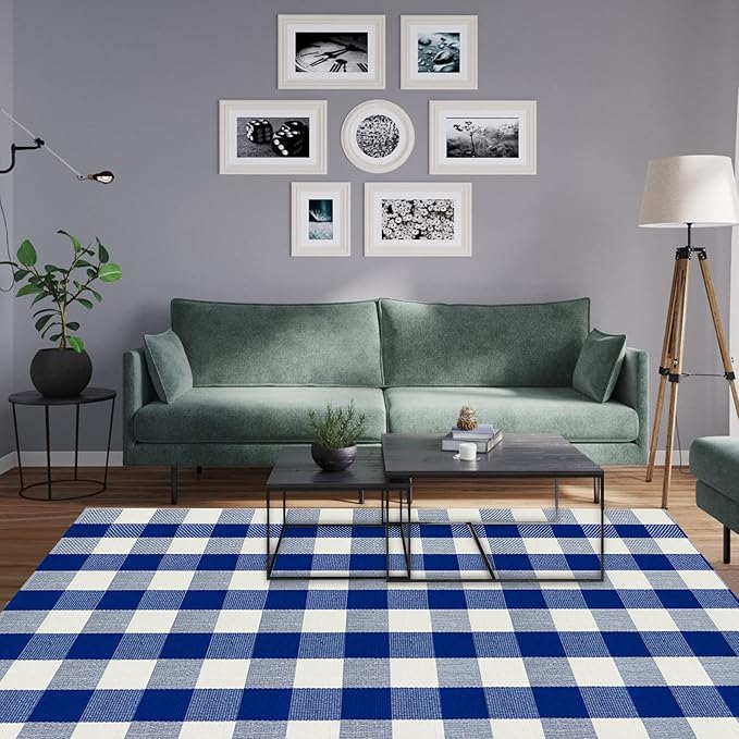 MUBIN Cotton Buffalo Plaid Rug, 4'x 6' Blue and White Outdoor Rug Front Door Decorative Mat, Hand-Woven Foldable Rug for Layered Door Mats Washable Carpet for Front Porch, Entryway, Farmhouse