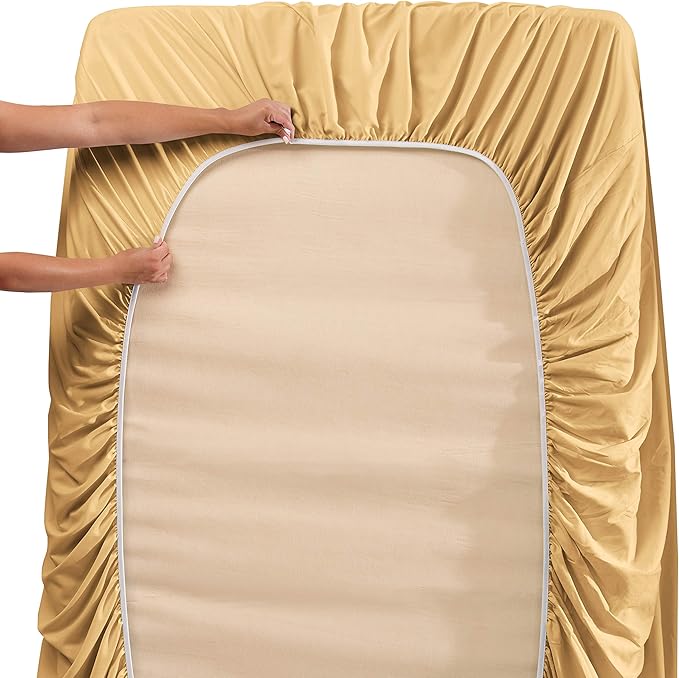 Clara Clark Fitted Sheet, Extra Deep Pocket Fits Deep Mattress, Luxury Soft Fitted Sheet Only, Queen - Extra Deep Camel Gold