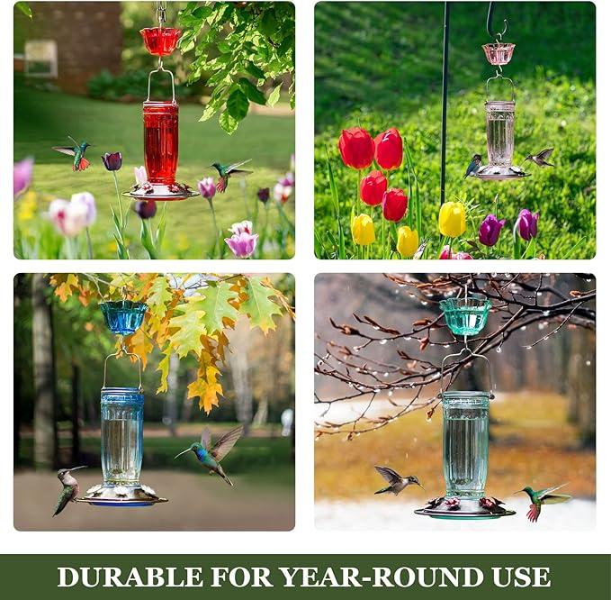 Kingsyard 2 Pack Glass Hummingbird Feeder for Outdoors, 16 Oz Wild Bird Feeder with 6 Feeding Ports Hanging for Garden Yard, Pink (Ant Moat Included)