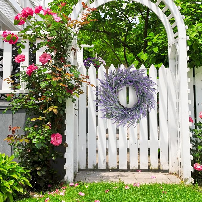 Lavender Summer Wreath for Front Door, 24 Inch Large Spring Summer Wreath Purple with Green Leaves for Grapevine Farmhouse Summer Wreaths Front Door Wall Window Party Decoration Home Décor
