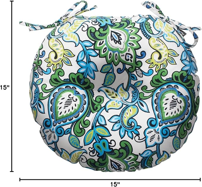 Magpie Fabrics Outdoor Round Bistro Seat Cushions with Ties, 15"x15"x4" Set of 2, Tufted Waterproof Barstool Chair Pads for Patio Home Garden Office, Floral Blue Green