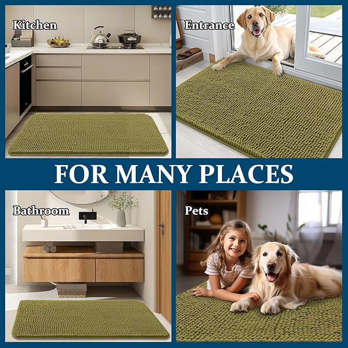 OLANLY Dog Door Mat for Muddy Paws 45x27, Absorbs Moisture and Dirt, Absorbent Non-Slip Washable Doormat, Quick Dry Chenille Mud Mat, Entry Indoor Entryway Carpet for Inside Floor, Willow Green