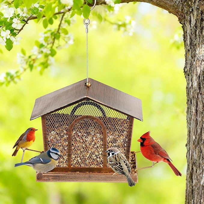 LBTING Bird Feeder for Outside, Metal House-Shaped Bird Feeder, Squirrel Proof Wild Bird Feeders for Hanging Outdoor Garden Yard - Gold