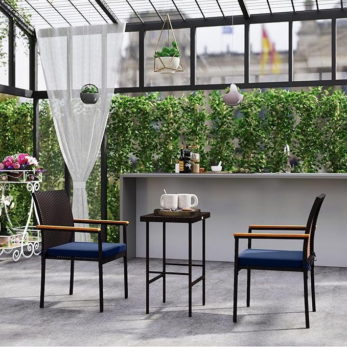 Outsunny Wicker Outdoor Dining Chairs Set of 2, Stackable PE Rattan Patio Dining Chairs with Cushions and Acacia Wood Armrests for Deck, Garden, 353 LBS Capacity, Navy Blue