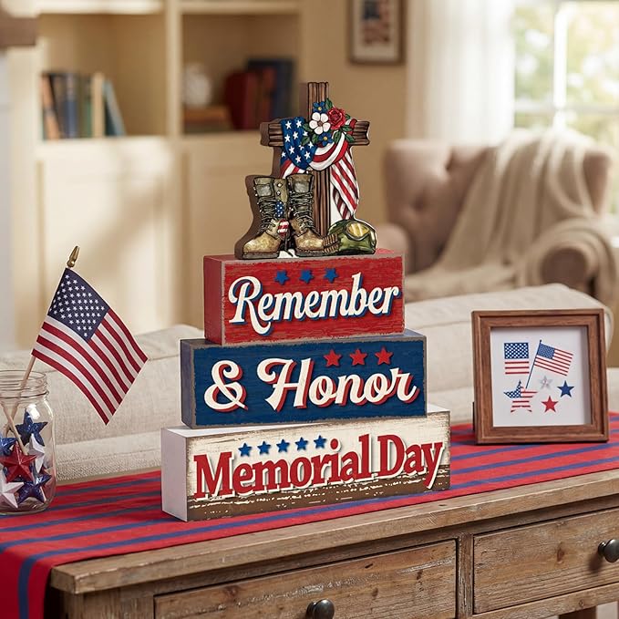 4 Pcs Memorial Day Table Decor Patriotic Remember Honor Our Heroes Wooden Sign Fourth of July Tiered Tray Decor Red White Blue Table Centerpiece for Home Office Desk Shelf Mantel Decorations