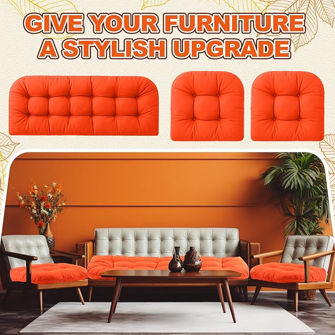 Barydat 3 Pack Wicker Furniture Cushions Waterproof Outdoor/Indoor Tufted Wicker Chair Cushions 1 Loveseat and 2 U-Shape Rattan Chairs for Patio Furniture, Rattan Love Seat, Bench (Orange)