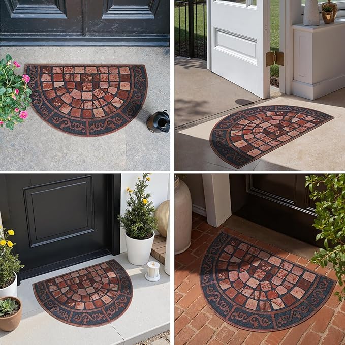 Half Circle Door Mat Outdoor, Front Door Rug Indoor Outside Entrance, Absorbent Heavy Duty Doormat Non Slip Backing, Half Round Rug for Entryway, 17x30, Brick Print