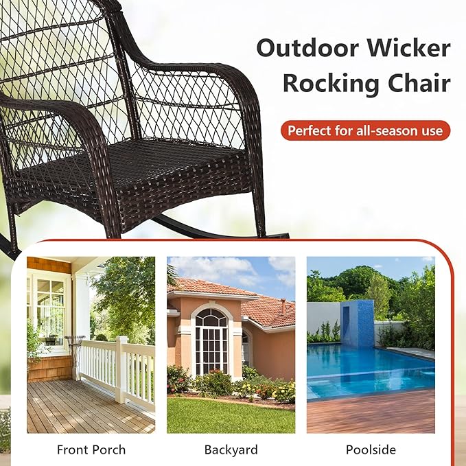 MEDIMALL Outdoor Wicker Rocking Chair, Patio Rattan Rocker w/Lumbar Pillow, Padded Seat & Back Cushions, Metal Frame, Mix Brown Wicker Furniture for Balcony, Porch, Deck, Backyard (Red)
