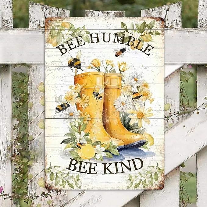 Vintage Metal Tin Sign Inspirational Quotes Wall Decor "BEE HUMBLE BE KIND" Retro Wall Art for Home Outdoor Office Coffee Shop Cafe (8x12 Inch)