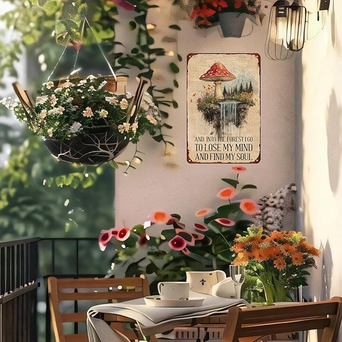 Mushroom Decor Metal Sign with "And Into The Forest I Go" Quote - Cottagecore & Rustic Wall Art for Farmhouse, Kitchen, Bathroom, Gardening Shed - 8x12 Inches