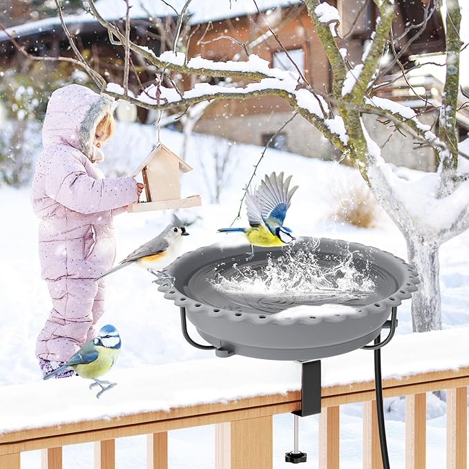 Heated Bird Baths for Outdoors, Upgraded 100W Thermostatically Controlled Heated Bird Bath for Deck Railing Large Capacity Heated Birdbath for Outside Winter Garden Yard Patio Lawn (Grey)