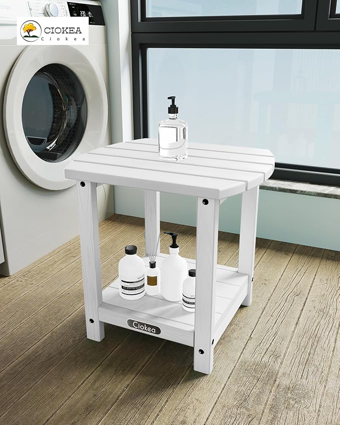 Ciokea Adirondack Outdoor Side Table, 2-Tier Sturdy Patio End Table Weather Resistant, Morden Side Table for Patio, Pool, Porch, White