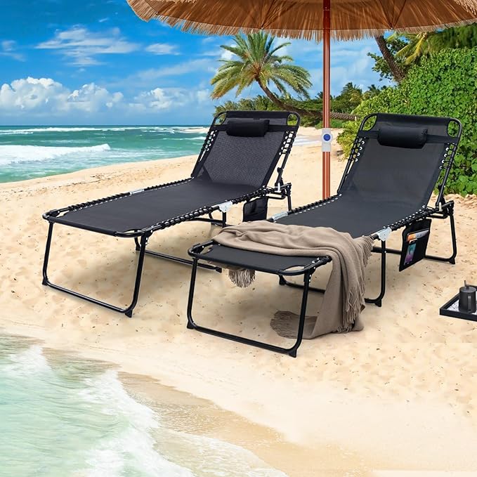 GYMAX Lounge Chair for Outside, 440lbs 27” Oversize Folding Beach Tanning Sunbath Chair with Adjustable Backrest & Removable Pillow, Lightweight Portable Patio Lounger for Lawn Poolside (2, Black)
