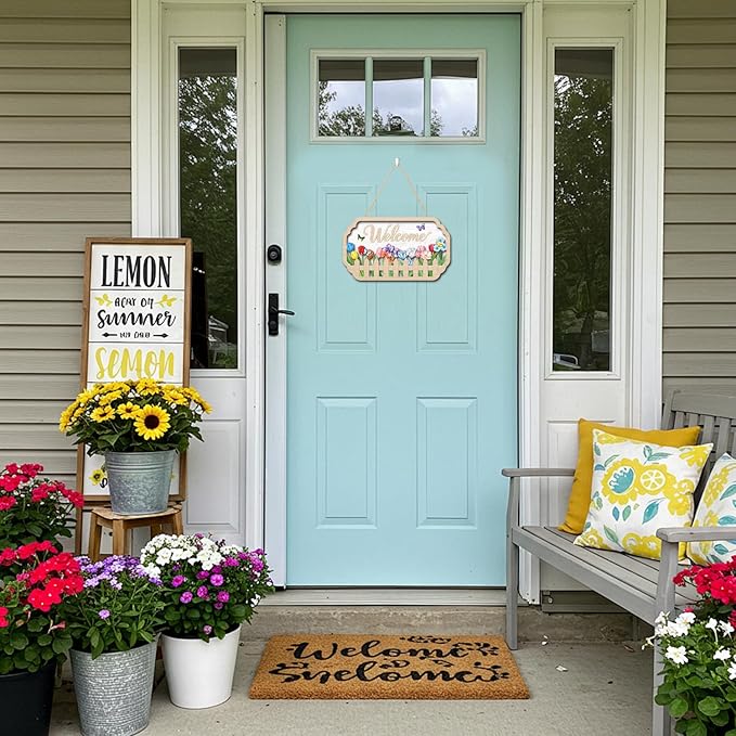 HOURIA 3D Spring Welcome Front Door Sign (11.4”x7”),Floral Butterfly Garden Sign,Colorful Tulip Flower Wreath Sign,Spring Decorations for Home Office Indoor Outdoor