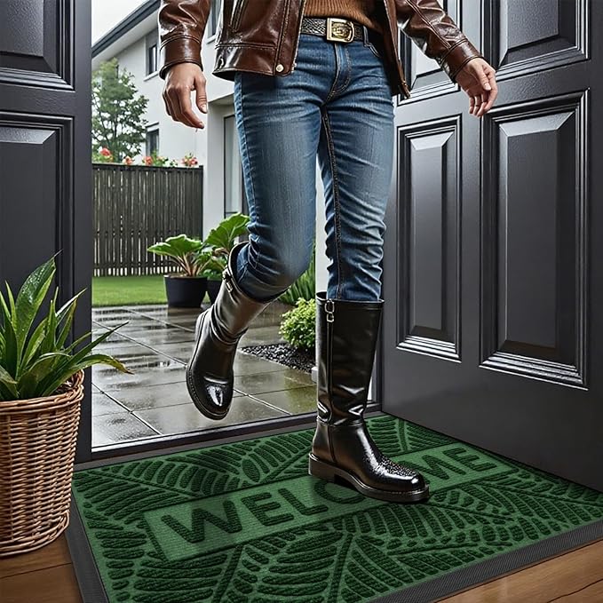 Smiry Welcome Mat Indoor Outdoor, All-Season Waterproof Front Door Mat, Sturdy Natural Rubber Doormat, Non-Slip, Easy Clean, Low Profile Dirt Trapper for Porch Patio Entrance, 35x23, Green