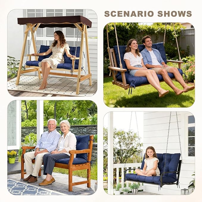 Porch Swing Cushion with Backrest,Waterproof Bench Cushion for Outdoor Furniture,2-3 Seater Replacement Thickened Swing Cushion with Ties,Patio,Outdoor,Backyard and Garden (Navy Blue,47x40)