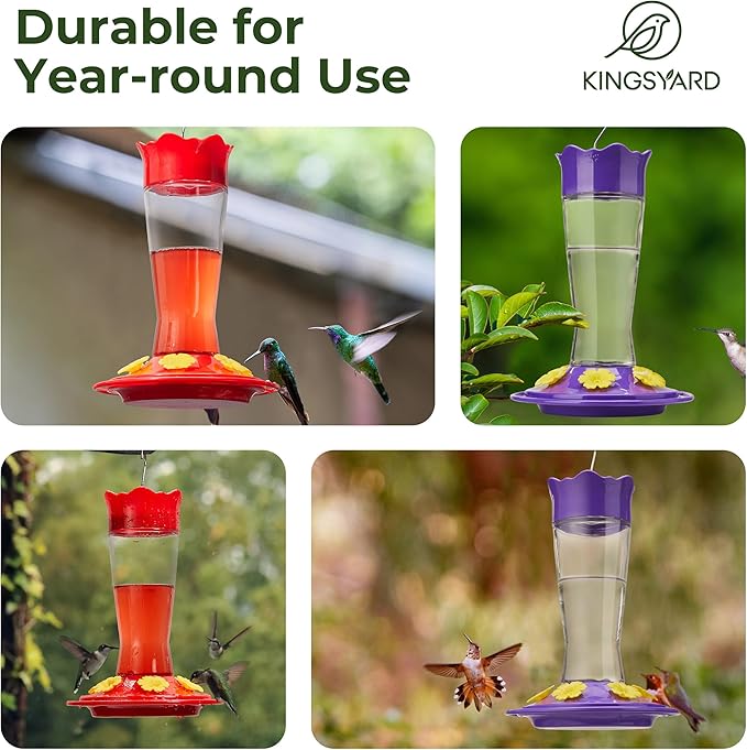 Kingsyard Glass Hummingbird Feeder for Outdoors Hanging - 6 Bee Guard Feeding Ports & Built-in Ant Moat, Wild Bird Feeder for Outside Garden Yard Patio 14 Oz, Updated Purple