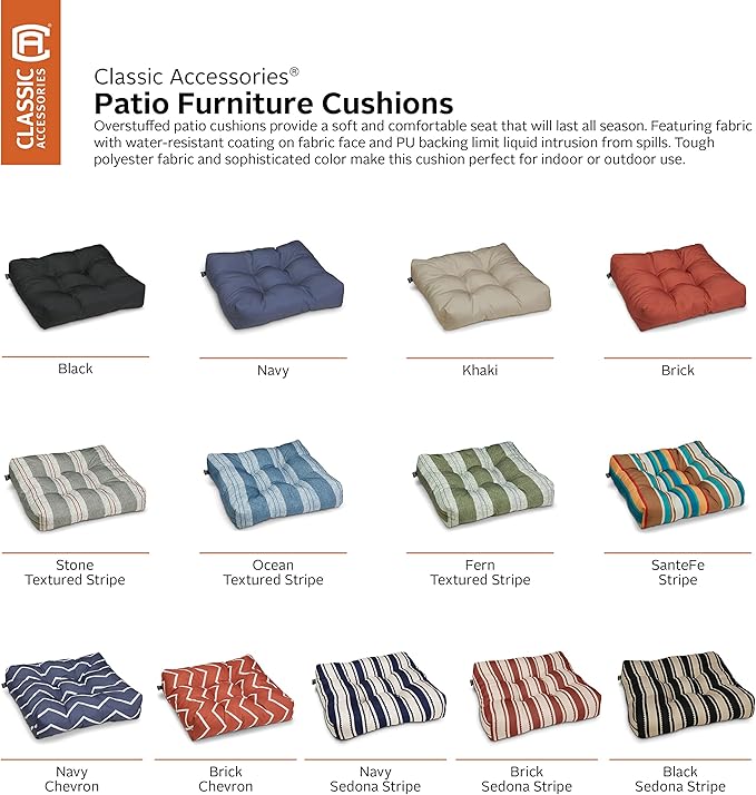 Classic Accessories Water-Resistant Square Patio Seat Cushions, 19 x 19 x 5 Inch, 2 Pack, Khaki, Outdoor Seat Cushions