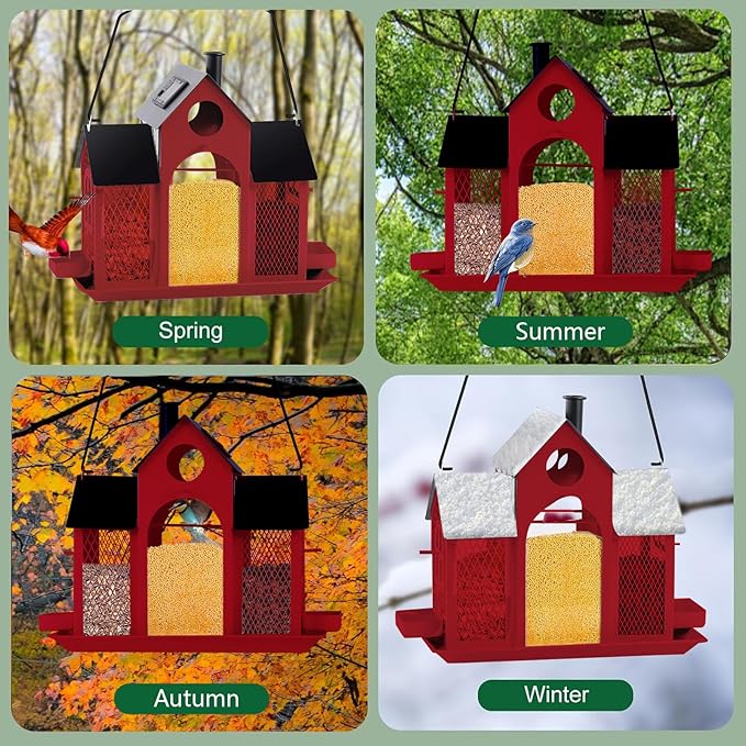 Solar Bird Feeder House for Outside Hanging, Large Capacity Birdhouse Bird Feeders Hanging for Outdoors, Metal Mesh Wild Birdfeeder for Finch Cardinal (Red and Black)
