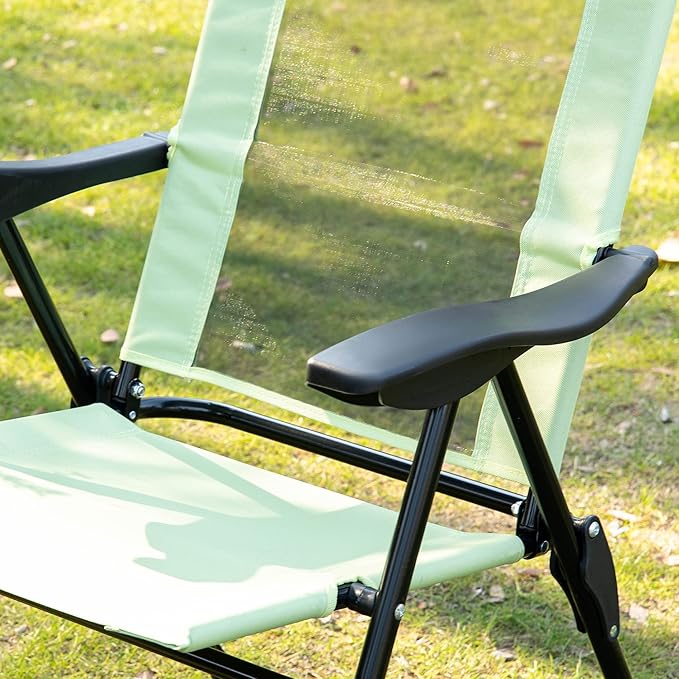 Outsunny Folding Patio Dining Chairs Set of 2, Outdoor Deck Chair with Adjustable Sling Back, Camping Chair with Removable Headrest for Garden, Backyard, Lawn, Green